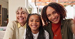 Face, senior mother and selfie of daughter with child in home for happy family memory together. Portrait, mom and grandmother laugh with girl for picture, interracial and generations with adopted kid