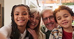 Portrait, grandparents and selfie of happy kids in home for family memory. Face, grandmother or grandfather laugh with children for picture, interracial and generations of people with adopted sibling