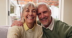 Senior couple, smile and selfie in home for love, happy memories and commitment in relationship. Mature people, pov and photography in living room for portrait, social media and comfort in retirement