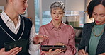 People, business and meeting with tablet in office for discussion, planning schedule and project collaboration. Team, digital and communication for brainstorming, information and proposal research