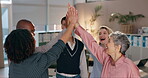 Hands, high five and synergy with teamwork, ideas and achievement in office for brainstorming. Group of people, employees and cooperation in collaboration for partnership, coworking or win at company