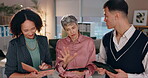 People, meeting and discussion with tablet in office for notes, planning schedule and project collaboration. Team, digital and communication for brainstorming advice, information and proposal support
