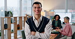 Business, office and man with smile at meeting or workshop for strategy, planning and performance report. Team leader, arms crossed and diversity, happy businessman at table at creative design agency