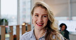 Creative business, office and woman with portrait at meeting or workshop for strategy, planning and performance report. Team leader face, smile and diversity, happy manager at table in design agency