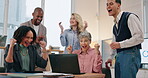 Excited, group and people with laptop for success of promotion achievement, celebration and profit news. Smile, woman and digital with high five staff, applause and project winner, bonus and office