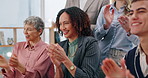 Happy business people, celebration and applause in b2b deal, meeting or partnership at office. Group of employees together, clapping and success for sales target, promotion or recruiting at workplace