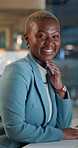 Happy black woman, night and business with joy for career ambition, job or proud financial advisor at office. Portrait of young African, female person or accountant working late with smile for advice