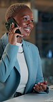Phone call, smile and businesswoman in office at night with client feedback for project deadline. Networking, cellphone and African international communication specialist with contact for review.