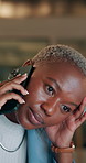 African woman, office and phone call at night for listening, tired or stress with headache in negotiation. Person, smartphone and exhausted with fatigue, burnout or contact at startup creative agency