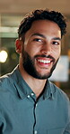 Business, man and face with smile in office for research deadline and working overtime with report planning. Copywriting, happy employee and portrait with smile for online proposal and story article