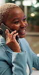 Phone call, smile and black woman in office at night with client feedback for project deadline. Networking, cellphone and African international communication specialist with contact for review.