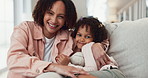 Happy mother, daughter and face for hug in home, love and affection for support in bonding. Mom, girl and portrait for connection in embrace, trust and kid laughing for security in relationship