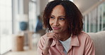 Woman, happy and thinking on sofa in home with inspiration, reflection and excited for ideas in lounge. Female person, laugh and remember on couch for funny memory, perspective and contemplating