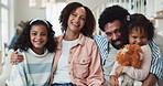 Parents, face and hug in family home for love, bonding and laugh on sofa for funny joke or humor. Mother and father, children and together in living room for growth, portrait and embrace relationship