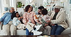 Family, talking and grandparents in home for bonding, trust and generations for conversation on sofa. Parents, children and speaking in lounge to granny or grandpa, care and support in relationship