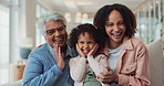 Face of grandma, mom and child on sofa happy for bonding, loving relationship and relax together. Family, generation and grandmother, mother and girl with smile for love, embrace and laugh on weekend
