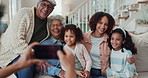 Photography, parent and grandparents with children in home together with bonding, holiday fun or profile picture update. Group memory, happy family and people on sofa with phone for social media post