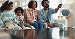 Happy, TV and parents with kids on sofa for bonding, relationship and relax together in living room. Mother, father and children on couch streaming comedy movies, entertainment and cartoon show