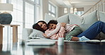 Love, mother and child relax on sofa with cuddle, comfort and bonding with conversation, home and care. Happy family, woman and girl kid resting on couch together in house with lullaby and connection