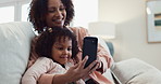 Home, mother and kid with selfie on sofa for happy memory, profile picture update or social media post. Family, woman or girl child with photography on couch with smile for bonding together with love