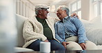 Senior, couple and laughing with hug on sofa in home with bonding, funny joke or commitment in marriage. Elderly, people and portrait in happy relationship with talking, love or relax with retirement