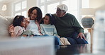 Relax, home and children with mom and grandfather on sofa in living room for bonding together. Happy, love and girl kids hugging and resting with mother and senior man for family time at house.