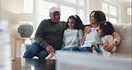 Relax, home and kids with mother and grandfather on sofa in living room for bonding together. Happy, love and girl children hugging and resting with mom and senior man for family time at house.