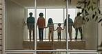 Grandparents, children and parents with holding hands in home by window for care, generations or bonding with love. People, father and mom with kids, back and support with solidarity in family house