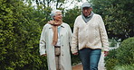 Senior couple, holding hands and walking in park with bonding, conversation and retirement health. Elderly people, nature stroll and marriage commitment for love, healthy relationship and happy chat