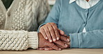 Senior couple, love and holding hands for support with comfort, care and hope for healing in home. Elderly man, old woman and closeup empathy with kindness for compassion, connection and retirement