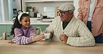 Girl, grandfather and happy with milk in kitchen for toast, smile or bonding with connection in home. Senior man, child and glass for dairy, nutrition or diet for cheers, care or love in family house