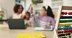 Mom, girl and high five with laptop, homework and care for celebration for goal, writing and love. Abacus, mother and daughter children with cheers, education and progress at family house in Brazil