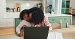 Mom, girl and learning with laptop, hug and care for development with teaching, support and love. Computer, mother and daughter with kiss, embrace and education with tech at family home in Brazil