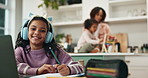 Girl, child and face with headphones for homework, education and writing notes for online course. Kid, laptop and studying with streaming, video and portrait with smile at family house in Brazil