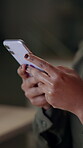 Hands, smartphone and woman typing for communication, website and social media in office at night. Closeup, mobile and person working for business research, networking and writing email in workplace