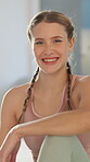 Face, woman and laughing to relax from yoga fitness, funny joke and exercise for mindfulness of peace wellness. Smile, girl and portrait with break from pilates, mental health and comedy at house