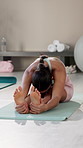 Women, relax and calm for stretching in yoga class for improve posture, balance and mindfulness for stress relief. Female people, pilates workout and breathing with peace, mind and body wellness.