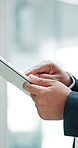 Tablet, research and hands of person in office with finance forecasting report for future revenue growth. Business, technology and closeup of financial chief analyzing investment account for profit.