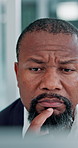 Business, thinking and black man with decision, online reading and choice for project, opportunity and review report. African person, agent or consultant with planning, info or idea proposal funding