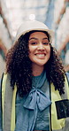 Woman, face and dancing in warehouse for celebration, logistics or manufacturing for stock management. Female person, portrait and having fun for freight, supply chain or shipping company in industry