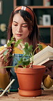 Gardening, reading book or woman with plants for learning agriculture sustainability and ecology tips. Hobby, florist and girl planting flower with knowledge for leaf growth advice or maintenance