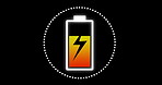 Battery, power and charge on black background for energy, innovation and full capacity. Electrical symbol, storage cell and strength indicator with refill, renewable or lightning bolt for technology