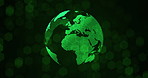 Green, world and globe with hologram of global economy, planet or orb on a dark background. 3D earth, model or futuristic technology for eco friendly change or transformation in rotation or floating