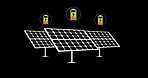 Solar panel, hologram and icon with recharge for renewable energy or eco friendly environment on a black background. Electricity, photovoltaic or power generator with graphic, battery or simulation