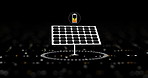 Solar panel, hologram and icon with recharge for photovoltaic, renewable energy or eco friendly environment on a black background. Electricity or power generator with graphic, battery or simulation