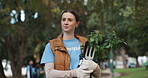 Volunteer, smile and woman with plant in forest for community service, project and ecology. Environment, sustainability and person with leaves in nature for NGO outreach, eco friendly and gardening