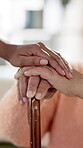 Helping hand, caregiver and empathy for support with kindness in nursing home for retirement. Elderly person, cane and senior care in bonding with nurse, connection and together in health or wellness