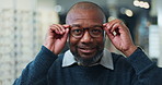 Black man, customer and happy with spectacles at store for eyewear shopping on portrait and satisfied. Mature person, shop and smile or confident with frame, prescription and glasses for vision