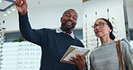 Woman, optometrist and choice with tablet at store for consultation, frame prescription or assessment advice. Customer, man and digital with lens decision, shopping and check shelf for vision health