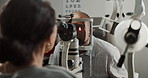 Healthcare, people and eye test with machine, optician or appointment for vision, hospital and doctor. Clinic, consultation and wellness with exam, tools or assessment of eyeball or checkup with tech